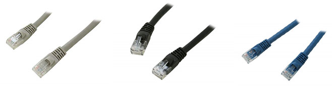 Three Kaybles CAT6 network cables, with one in gray jacket, one in black jacket, and one in blue jacket